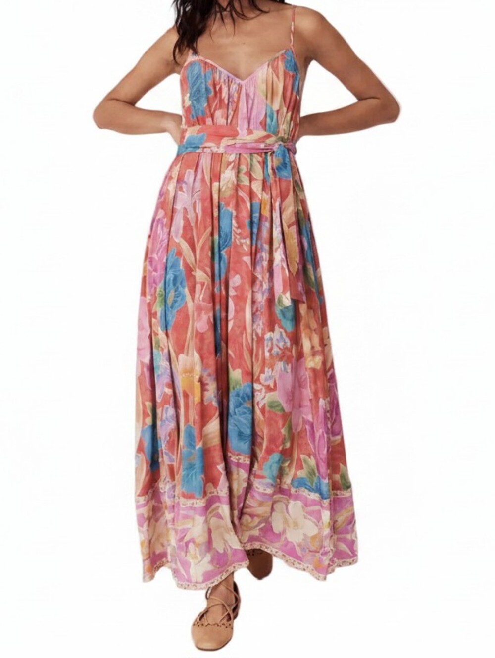 Tie Waist Belted Bright Contrasting Floral V-Neck Open Back Spaghetti Strap Maxi - Picture 9 of 11
